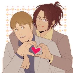 Rule 34 | 1boy, 1other, brown eyes, brown hair, brown jacket, commentary request, glasses, grey jacket, hange zoe, hanpetos, heart, heart background, heart hands, heart hands duo, jacket, moblit berner, one-hour drawing challenge, one eye closed, ponytail, shingeki no kyojin, smile, tongue, tongue out