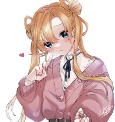Rule 34 | 1girl, abukuma (kancolle), alternate costume, blue eyes, blush, candy, cardigan, chocolate, chocolate heart, closed mouth, commentary request, double bun, finger to cheek, food, hair between eyes, hair bun, heart, holding, index finger raised, kamisuiori, kantai collection, long hair, long sleeves, looking at viewer, orange hair, pink cardigan, shirt, signature, simple background, solo, twintails, upper body, white background, white shirt
