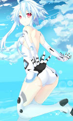 Rule 34 | 10s, 1girl, absurdres, ahoge, ass, back, backless outfit, bare shoulders, blanc (neptunia), blue hair, blush, bodysuit, boots, breasts, cameltoe, closed mouth, cloud, day, elbow gloves, from behind, from side, gloves, hair between eyes, halterneck, high heel boots, high heels, highres, leg lift, leg up, lens flare, leotard, light smile, looking at viewer, looking back, magical girl, neptune (series), ocean, outdoors, outstretched arm, power symbol, power symbol-shaped pupils, ramu-on@ shinon, red eyes, shiny clothes, shiny skin, short hair with long locks, sideboob, sidelocks, sky, small breasts, smile, solo, sparkle, symbol-shaped pupils, thigh boots, thighhighs, turtleneck, water, white footwear, white gloves, white hair, white heart (neptunia), white thighhighs
