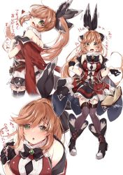 Rule 34 | 1girl, 218, :o, ;d, bare shoulders, black bow, black footwear, black gloves, black ribbon, blush, book, boots, bow, breasts, brown thighhighs, clarisse (granblue fantasy), dress, eyebrows hidden by hair, gloves, granblue fantasy, green eyes, hair between eyes, hair bow, hair ribbon, half gloves, jacket, light brown hair, long hair, looking at viewer, medium breasts, multiple views, off shoulder, one eye closed, open book, open mouth, parted lips, ponytail, red dress, red jacket, ribbon, simple background, sleeveless, sleeveless jacket, smile, thighhighs, translated, very long hair, white background, zettai ryouiki