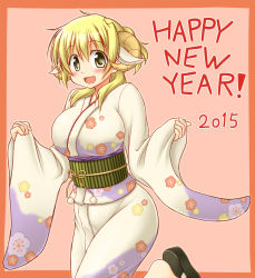 Rule 34 | 10s, 1girl, 2015, animal ears, blonde hair, blush, breasts, female focus, happy new year, hidamari sketch, highres, horns, japanese clothes, kemonomimi mode, kimono, large breasts, looking at viewer, miyako (hidamari sketch), new year, open mouth, sheep horns, smile, solo, utomo