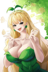 Rule 34 | 1girl, :d, absurdres, bare arms, bare shoulders, blonde hair, braid, breasts, cleavage, collarbone, commentary, crown braid, earrings, hands up, highres, jewelry, large breasts, long hair, looking at viewer, open mouth, original, purple eyes, smile, solo, strapless, upper body, uth 95, very long hair