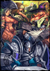 Rule 34 | 3boys, 3girls, abs, andrewcockroach, armlet, armor, beard, bikini, bikini armor, blonde hair, blue eyes, bow (weapon), braid, breasts, circlet, cleavage, dragon&#039;s crown, dual wielding, dwarf, dwarf (dragon&#039;s crown), elf, elf (dragon&#039;s crown), everyone, facial hair, fake horns, fighter (dragon&#039;s crown), full armor, gloves, glowing, glowing eyes, group picture, hair over one eye, halberd, hammer, hat, helmet, highleg, highleg bikini, highleg swimsuit, holding, hood, horned helmet, horns, large breasts, multiple boys, multiple girls, navel, pointy ears, polearm, purple eyes, red eyes, red hair, shield, sorceress (dragon&#039;s crown), staff, swimsuit, sword, tattoo, thick thighs, thighs, twin braids, weapon, white hair, witch hat, wizard (dragon&#039;s crown)