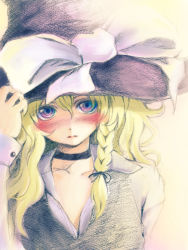 Rule 34 | 1girl, alternate eye color, blonde hair, blue eyes, blush, braid, choker, embarrassed, faux traditional media, female focus, graphite (medium), hand on headwear, hat, hat ribbon, hat tug, kirisame marisa, lipstick, long hair, long sleeves, looking at viewer, makeup, mixed media, portrait, purple eyes, ribbon, shy, solo, sugai, touhou, traditional media, witch, witch hat