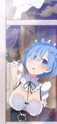Rule 34 | 1girl, :o, absurdres, against glass, arm up, armpits, blue eyes, blue hair, breast press, breasts, camui1104, cleaning, cleaning windows, cleavage, commentary request, detached sleeves, hair ornament, hair over one eye, hair ribbon, highres, looking at viewer, maid, maid headdress, muntins, pink ribbon, re:zero kara hajimeru isekai seikatsu, rem (re:zero), ribbon, ribbon-trimmed clothes, ribbon trim, roswaal mansion maid uniform, short hair, solo, upper body, window, x hair ornament