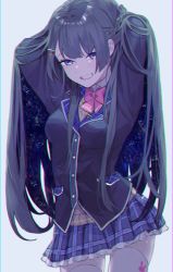 Rule 34 | 1girl, 3knight, animal ears, animal print, black hair, black jacket, blazer, bow, braid, breasts, cardigan vest, chromatic aberration, crown braid, french braid, hair ornament, hairclip, hands in hair, highres, jacket, jk gumi (nijisanji), lace, lace-trimmed skirt, lace trim, long hair, looking at viewer, medium breasts, nijisanji, pink bow, plaid, plaid skirt, purple eyes, rabbit ears, rabbit print, school uniform, skirt, smile, solo, tan sweater, thighhighs, thighs, tsukino mito, tsukino mito (1st costume), virtual youtuber, white background, white thighhighs