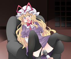 Rule 34 | 1girl, arms behind back, bad id, bad pixiv id, black panties, black thighhighs, blonde hair, blush, bow, breasts, chair, commentary request, dress, female focus, gloves, hammer (sunset beach), hat, hat ribbon, hitachi magic wand, large breasts, long hair, male hand, md5 mismatch, open mouth, panties, panties around leg, purple dress, purple eyes, purple skirt, ribbon, sex toy, sitting, skirt, solo, solo focus, spread legs, thighhighs, touhou, underwear, very long hair, vibrator, white gloves, yakumo yukari