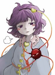 Rule 34 | 1girl, absurdres, blush stickers, commentary, heart, highres, komeiji satori, long sleeves, looking at viewer, messy hair, parted lips, purple eyes, purple hair, sakumo (okura oishiiii), short hair, sigh, signature, simple background, smug, solo, symbol-only commentary, third eye, touhou, upper body, white background, zun (style)