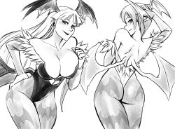 Rule 34 | 2girls, absurdres, ass, back, bare shoulders, bat wings, breasts, bridal gauntlets, capcom, cleavage, commentary, contrapposto, demon girl, dirty ero, elbow gloves, english commentary, gloves, greyscale, head wings, highres, large breasts, leaning forward, leotard, lilith aensland, lipstick, long hair, looking at viewer, makeup, monochrome, morrigan aensland, multiple girls, pantyhose, print legwear, short hair, siblings, sisters, standing, strapless, strapless leotard, take your pick, thick thighs, thighs, vampire (game), wings