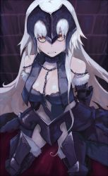 Rule 34 | 1girl, arqa, breasts, chain, cleavage, commentary, english commentary, fate/grand order, fate (series), frown, fur-trimmed gloves, fur-trimmed legwear, fur trim, gloves, grimace, headpiece, jeanne d&#039;arc (fate), jeanne d&#039;arc alter (avenger) (fate), jeanne d&#039;arc alter (avenger) (third ascension) (fate), jeanne d&#039;arc alter (fate), long hair, looking at viewer, solo, very long hair, white hair, yellow eyes