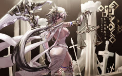 Rule 34 | 1girl, absurdres, alternate costume, arlecchino (genshin impact), ass, back, backless dress, backless outfit, black eyes, black hair, breasts, dress, genshin impact, hair between eyes, highres, holding, holding scythe, large breasts, long hair, long sleeves, looking at viewer, looking back, multicolored hair, red eyes, red pupils, scythe, short hair, sideboob, solo, streaked hair, symbol-shaped pupils, two-tone hair, walnut 1477, white dress, white hair, x-shaped pupils