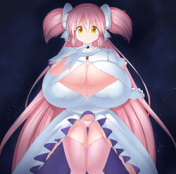 Rule 34 | absurdres, alternate breast size, breasts, choker, dress, earth (planet), giant, giantess, gloves, highres, jewelry, kaname madoka, large breasts, mahou shoujo madoka magica, mahou shoujo madoka magica (anime), pink hair, planet, ribbon, smile, solo focus, space, terada ochiko, ultimate madoka, underwear, white choker, white dress, white ribbon
