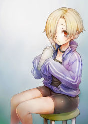 Rule 34 | 10s, 1girl, bags under eyes, bike shorts, blonde hair, blush, bottle, brown eyes, commentary request, ear piercing, hair over one eye, highres, hood, hoodie, idolmaster, idolmaster cinderella girls, jacket, jewelry, looking at viewer, open clothes, open jacket, piercing, red eyes, revision, shirasaka koume, short hair, sitting, sleeves past wrists, solo, stool, taishi (picchiridou), track jacket