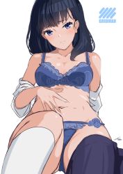Rule 34 | 1girl, anho, blue bra, blue eyes, blue hair, blue panties, blue skirt, blush, bra, breasts, cleavage, closed mouth, clothes pull, copyright name, gridman universe, groin, kneehighs, long hair, looking at viewer, navel, panties, signature, simple background, sitting, sketch, skirt, skirt pull, small breasts, smile, socks, solo, ssss.gridman, straight hair, takarada rikka, underwear, underwear only, white background, white socks