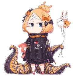 Rule 34 | 1girl, abigail williams (fate), abigail williams (traveling outfit) (fate), balloon, black bow, black jacket, blonde hair, blue eyes, blush stickers, bow, chibi, closed mouth, commentary request, crossed bandaids, fate/grand order, fate (series), fou (fate), full body, hair bow, hair bun, heroic spirit traveling outfit, holding, holding balloon, jacket, long hair, long sleeves, medjed (fate), hugging object, official alternate costume, orange bow, oruhito (kamekichi-9), parted bangs, polka dot, polka dot bow, red footwear, single hair bun, sleeves past fingers, sleeves past wrists, solo, standing, stuffed animal, stuffed toy, suction cups, teddy bear, tentacles