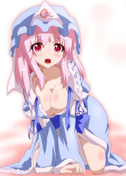 Rule 34 | 1girl, all fours, bad id, bad pixiv id, blue dress, blush, breasts, cleavage, dress, female focus, fueiku, hat, large breasts, necktie, no bra, open mouth, pink eyes, pink hair, saigyouji yuyuko, solo, touhou, undone necktie