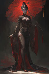 Rule 34 | 1girl, absurdres, black hair, black nails, breasts, china dress, chinese clothes, dress, earrings, full body, high heels, highres, holding, holding umbrella, jewelry, large breasts, looking at viewer, original, pale skin, parasol, side slit, single earring, solo, thighhighs, umbrella, wodeipoi