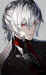 Rule 34 | 1boy, antonio salieri (second ascension) (fate), ascot, black gloves, black suit, fate/grand order, fate (series), formal, gloves, hair between eyes, index finger raised, long hair, long sleeves, looking at viewer, male focus, moru, pinstripe pattern, pinstripe suit, red ascot, red eyes, simple background, smile, solo, striped, suit, upper body, white background, white hair