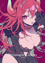 Rule 34 | 1girl, absurdres, black dress, black gloves, breasts, character name, claw pose, cleavage, dola (nijisanji), dragon horns, dress, fangs, gloves, hair between eyes, hand up, highres, horns, large breasts, long hair, mochizuki kei, nijisanji, open mouth, partially fingerless gloves, purple background, red eyes, red hair, simple background, solo, v-shaped eyebrows, very long hair, virtual youtuber