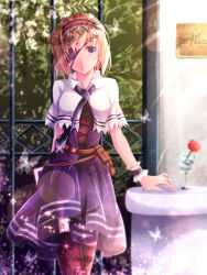 Rule 34 | 1girl, adapted costume, alice margatroid, arm behind back, belt, black thighhighs, blonde hair, blue eyes, bug, butterfly, capelet, cocktail glass, cup, doc.lnn, drinking glass, eyepatch, flower, gate, hairband, insect, lolita hairband, looking at viewer, necktie, red flower, red rose, rose, short hair, skirt, smile, solo, sparkle, table, thighhighs, tie clip, touhou, vest, wind, wrist cuffs