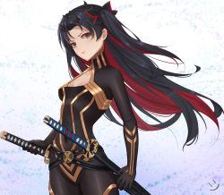 Rule 34 | 1girl, belt, black belt, black bodysuit, black hair, bodysuit, breasts, cleavage cutout, clothing cutout, earrings, fate/grand order, fate (series), grey eyes, highres, hoop earrings, horns, ishtar (fate), jewelry, katana, long hair, looking at viewer, multicolored hair, parted bangs, red hair, sheath, sheathed, small breasts, solo, space ishtar (fate), sword, two-tone hair, two side up, weapon, wei xiao