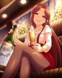 Rule 34 | 10s, 1girl, alcohol, artist request, brown eyes, brown hair, champagne, cup, drinking glass, earrings, female focus, idolmaster, idolmaster cinderella girls, jewelry, jpeg artifacts, crossed legs, long hair, nail polish, necklace, official art, pantyhose, red skirt, ring, seamed legwear, sitting, skirt, solo, wine glass, zaizen tokiko