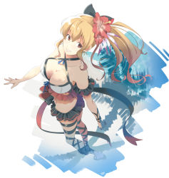 10s 1girl armband bare_shoulders bikini black_bow black_thighhighs blue_ribbon bow breasts cleavage collarbone criss-cross_halter female_focus flower from_above full_body granblue_fantasy hair_between_eyes hair_bow hair_flower hair_ornament halterneck hibiscus large_breasts leg_ribbon long_hair looking_at_viewer looking_to_the_side parted_lips ponytail red_eyes ribbon smile solo swimsuit thighhighs vira_(granblue_fantasy) vira_(summer)_(granblue_fantasy) walking white_bikini yoru_(0046)