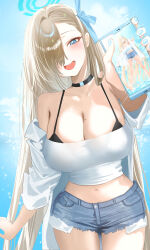 Rule 34 | 1girl, asuna (blue archive), blue archive, blue eyes, breasts, cleavage, haruri, highres, large breasts, light brown hair, long hair, looking at viewer, open mouth, shorts, smile, solo, standing