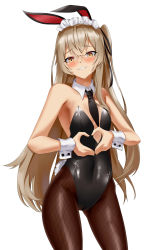Rule 34 | 1girl, absurdres, animal ears, bare arms, bare shoulders, black bow, black bowtie, black leotard, blonde hair, blush, bow, bowtie, breasts, brown hair, brown pantyhose, cameltoe, commentary, covered navel, crossed bangs, detached collar, dot nose, english commentary, fake animal ears, fake tail, fishnet pantyhose, fishnets, forehead, frills, girls&#039; frontline, grin, hair between eyes, heart, heart hands, highleg, highleg leotard, highres, hoppo, legs apart, leotard, long hair, looking at viewer, one side up, pantyhose, pink background, rabbit tail, shadow, simple background, small breasts, smile, solo, strapless, strapless leotard, tail, ump45 (girls&#039; frontline), white background, wrist cuffs, yellow eyes