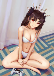 Rule 34 | 1girl, barefoot, black hair, black ribbon, bra, breasts, cleavage, closed mouth, commentary request, crown, curtains, earrings, fate/grand order, fate (series), female focus, from above, hair ribbon, head tilt, highres, hoop earrings, indian style, indoors, ishtar (fate), jewelry, long hair, medium breasts, navel, necklace, ocarino, on floor, panties, parted bangs, playstation controller, red eyes, ribbon, sitting, smile, solo, stomach, tiara, two side up, type-moon, underwear, underwear only, white bra, white panties