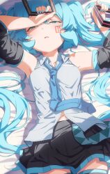 Rule 34 | 1girl, abmayo, aqua eyes, aqua hair, bare shoulders, bed sheet, blush, breasts, detached sleeves, hair ornament, hatsune miku, highres, long hair, looking at viewer, lying, medium breasts, necktie, on back, open mouth, skirt, small breasts, solo, thighhighs, twintails, unworn hair ornament, vocaloid