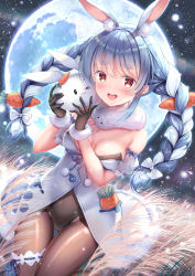 Rule 34 | 1girl, :d, animal ear fluff, animal ears, bare shoulders, black gloves, black leotard, blue hair, blush, braid, breasts, brown pantyhose, commentary request, detached sleeves, don-chan (usada pekora), dress, full moon, fur-trimmed dress, fur-trimmed gloves, fur trim, gloves, groin, hair between eyes, hands up, highres, hololive, leotard, looking at viewer, medium breasts, moon, multicolored hair, night, night sky, open mouth, outdoors, pantyhose, pekomon (usada pekora), puffy short sleeves, puffy sleeves, rabbit ears, red eyes, shirakawako, short eyebrows, short sleeves, sky, smile, star (sky), starry sky, strapless, strapless dress, strapless leotard, teeth, thick eyebrows, twin braids, twintails, two-tone hair, upper teeth only, usada pekora, usada pekora (1st costume), virtual youtuber, wheat field, white dress, white hair, white sleeves