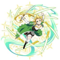 Rule 34 | 1girl, black footwear, blonde hair, boots, bracelet, breasts, cape, cleavage, corset, floating hair, full body, green cape, green eyes, holding, holding sword, holding weapon, jewelry, large breasts, leafa, long hair, looking at viewer, ponytail, shorts, simple background, solo, sword, sword art online, sword art online: memory defrag, thighhighs, very long hair, waist cape, weapon, white background, white shorts, white thighhighs