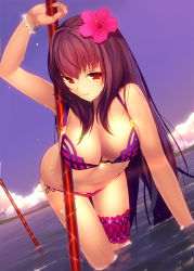 Rule 34 | 1girl, bikini, bra, bracelet, breasts, cleavage, cloud, commentary request, dutch angle, fate/grand order, fate (series), flower, hair flower, hair ornament, hibiscus, highres, jewelry, large breasts, leaning forward, long hair, looking at viewer, machimura komori, md5 mismatch, navel, polearm, red eyes, resolution mismatch, scathach (fate), scathach (fate/grand order), scathach (swimsuit assassin) (fate), smile, solo, source larger, swimsuit, underwear, wading, weapon, wet