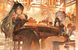 3girls architecture bare_legs bare_shoulders blue_eyes blue_hair breasts chinese_clothes chinese_new_year chopsticks commentary_request crossed_legs drinking east_asian_architecture eating elbow_gloves food ganyu_(genshin_impact) ganyu_(twilight_blossom)_(genshin_impact) genshin_impact glasses gloves green_eyes green_hair grey_eyes hair_ornament hair_over_one_eye highres holding holding_chopsticks horns hotpot indoors large_breasts liyue_harbor long_hair looking_at_viewer multicolored_hair multiple_girls new_year nokoya official_alternate_costume open_mouth ponytail shenhe_(frostflower_dew)_(genshin_impact) shenhe_(genshin_impact) short_hair sitting smoke white_hair xianyun_(genshin_impact)