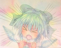 Rule 34 | &gt; &lt;, 1girl, acrylic paint (medium), blue hair, bow, cirno, emphasis lines, closed eyes, graphite (medium), hair bow, ice, ice wings, painting (medium), short hair, shouting, solo, touhou, traditional media, watercolor (medium), wings, yuyu (00365676)