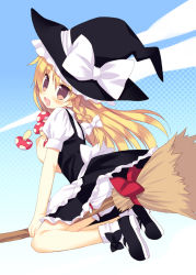 Rule 34 | 1girl, blonde hair, bloomers, braid, broom, female focus, full body, gradient background, halftone, halftone background, hat, kirisame marisa, long hair, meito (maze), mushroom, solo, touhou, underwear, witch, witch hat, yellow eyes
