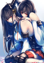 Rule 34 | 10s, 2girls, between legs, black hair, detached sleeves, eyebrows, eyelashes, fringe trim, fusou (kancolle), genyaky, hair between eyes, hair ornament, half-closed eyes, hand between legs, hand in own hair, hands on another&#039;s shoulders, headband, headgear, heart, heart-shaped pupils, highres, holding, holding hair, japanese clothes, kantai collection, knee pads, leaning on person, long hair, looking at viewer, miniskirt, multiple girls, nontraditional miko, pantyhose, parted lips, pleated skirt, red eyes, red lips, red skirt, sitting, skirt, symbol-shaped pupils, white legwear, yamashiro (kancolle), yuri