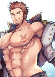Rule 34 | 1boy, abs, absurdres, bara, bare pectorals, blue eyes, brown hair, brown pants, cross scar, epaulettes, facial hair, fate/grand order, fate (series), fringe trim, goatee, highres, jacket, large pectorals, leather, leather jacket, long sideburns, long sleeves, looking at viewer, male focus, mature male, muscular, muscular male, napoleon bonaparte (fate), navel, nipples, no shirt, open clothes, open jacket, pants, pectorals, scar, scar on chest, shiny skin, short hair, sideburns, smile, solo, stomach, upper body, yani (yano 023)