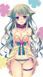 Rule 34 | 1girl, animal ear fluff, animal ears, arm strap, blush, breasts, brown eyes, cat ears, cleavage, collar, fang, green hair, hair ornament, long hair, looking at viewer, navel, open mouth, original, panties, reia, simple background, skindentation, solo, tareme, thigh strap, underwear, yellow panties, yumeko (reia)