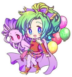 Rule 34 | 2girls, animal balloon, bare shoulders, blue eyes, boots, breasts, cape, chibi, closed mouth, colored skin, detached sleeves, dress, dual persona, earrings, final fantasy, final fantasy vi, full body, gold trim, green hair, hair bobbles, hair ornament, hair ribbon, jewelry, long hair, medium breasts, monster girl, moogle, motoko (taom), multiple girls, open mouth, pantyhose, parted bangs, pink cape, pink skin, polka dot pantyhose, ponytail, purple hair, red dress, red eyes, red footwear, red sleeves, ribbon, smile, strapless, strapless dress, tina branford, trance terra branford, tube dress, waist sash, white background