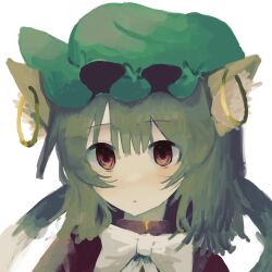 Rule 34 | 1girl, animal ear fluff, animal ears, bow, bowtie, brown eyes, brown hair, cat ears, cat tail, chen, commentary, earrings, expressionless, hat, highres, jewelry, medium hair, mob cap, parted lips, portrait, simple background, solo, symbol-only commentary, tail, takone, touhou, triangle mouth, white background, white bow, white bowtie