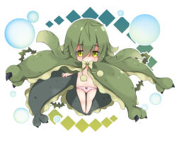Rule 34 | 1girl, bare legs, barefoot, blush, bow, bow panties, breasts, commentary request, elder dragon, feet, green bow, green eyes, green hair, hair between eyes, long hair, milkpanda, monster hunter (series), navel, panties, parted lips, personification, pink panties, pom pom (clothes), slit pupils, small breasts, solo, toes, underwear, yama tsukami