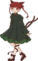 Rule 34 | 07130803, 1girl, :3, animal ears, black bow, black footwear, black ribbon, blush, bow, bowtie, braid, cat ears, cat tail, dress, extra ears, footwear bow, green dress, juliet sleeves, kaenbyou rin, leg ribbon, leg strap, long sleeves, looking at viewer, multiple tails, puffy sleeves, red eyes, red hair, ribbon, simple background, smile, solo, tail, touhou, twin braids, two tails, white background