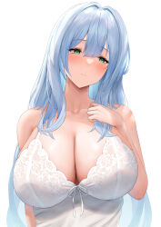 Rule 34 | 1girl, bare arms, bare shoulders, blue hair, blush, breasts, cleavage, closed mouth, collarbone, futon fly away, green eyes, highres, large breasts, long hair, mole, mole under eye, original, simple background, sleeveless, solo, upper body, white background
