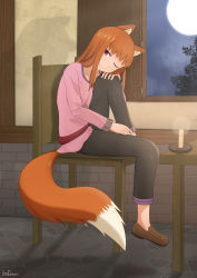 Rule 34 | 1girl, absurdres, animal ear fluff, animal ears, brodann, brown hair, candle, chair, head rest, full moon, highres, holo, knee to chest, long hair, moon, night, one eye closed, shadow, smile, solo, spice and wolf, tail, tree, wolf ears, wolf tail