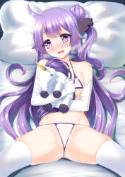 Rule 34 | 1girl, ahoge, azur lane, blush, bra, breasts, breath, bright pupils, butter-t, covered erect nipples, elbow gloves, gloves, holding, holding stuffed toy, long hair, lying, nose blush, on back, on bed, panties, purple eyes, purple hair, skindentation, small breasts, solo, spread legs, stuffed animal, stuffed toy, stuffed unicorn, stuffed winged unicorn, sweat, thighhighs, underwear, unicorn (azur lane), white bra, white gloves, white panties, white thighhighs