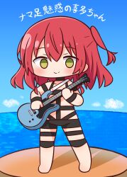 Rule 34 | 1girl, bare shoulders, barefoot, black choker, blue sky, blush, bocchi the rock!, chibi, choker, closed mouth, cloud, collarbone, day, electric guitar, empty eyes, full body, green eyes, guitar, hair between eyes, hana kazari, highres, holding, holding instrument, horizon, hot limit, instrument, kita ikuyo, long hair, looking at viewer, ocean, one side up, outdoors, red hair, revealing clothes, sky, smile, solo, translation request, water