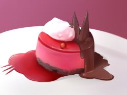 Rule 34 | cake, cherry, chocolate, cream, food, food focus, foodification, fruit, fun bo, imaizumi kagerou, no humans, objectification, pink background, simple background, sweets, touhou
