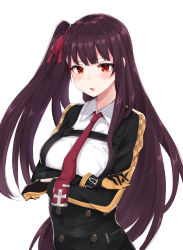 Rule 34 | 1girl, :o, blush, breast hold, breasts, buttons, checkered clothes, coffeedog, collared shirt, commentary, crossed arms, double-breasted, dress shirt, embarrassed, eyebrows, eyelashes, eyes visible through hair, furrowed brow, girls&#039; frontline, gloves, hair ribbon, highres, jacket, long hair, long sleeves, looking at viewer, necktie, one side up, open mouth, pinstripe pattern, purple hair, red eyes, red ribbon, ribbon, shirt, side ponytail, simple background, sleeve cuffs, solo, standing, strap, striped, underbust, upper body, very long hair, wa2000 (girls&#039; frontline), white background, white shirt, wing collar